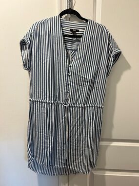 PAIGE Navy and White Vertical Stripe Short Sleeve Button Dress